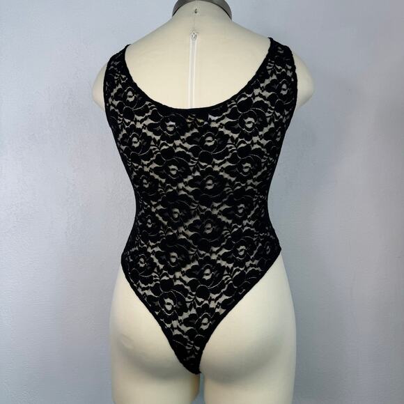 Cache Vintage 90s Lace Black Semi Sheer Sleeveless Bodysuit Size Large - Picture 3 of 12